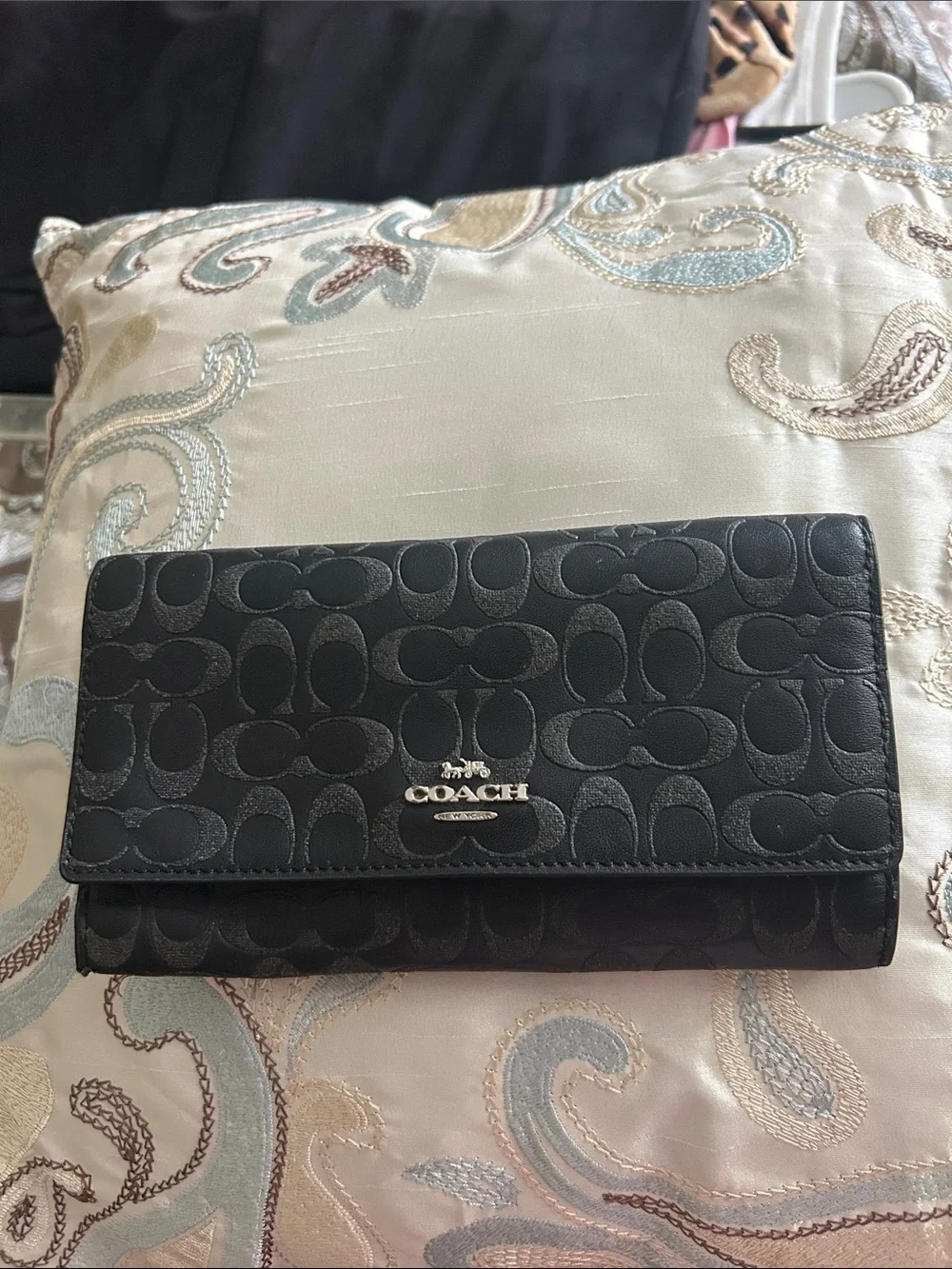 Coach Black Signature Continental Wallet with Silver Logo